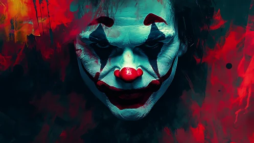 Clown face close-up with abstract red and teal background.