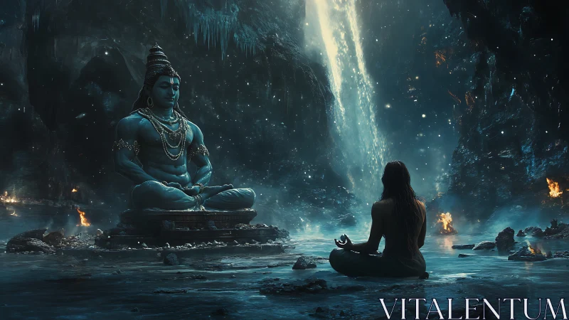 Mystic yogi mirrors stone deity within glowing ice cavern