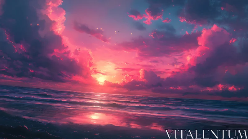 Sunset sky illuminates calm ocean with vivid neon colors