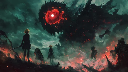 Heroic silhouettes confront colossal red-eyed abyssal entity.