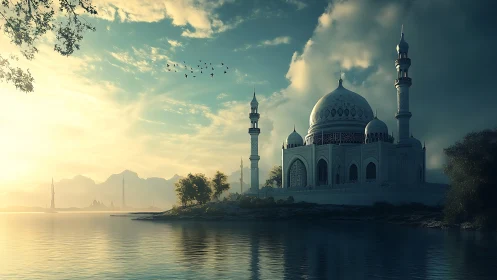 Sunlit lakeside mosque under glowing fantasy sky.