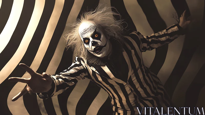 High-contrast striped clown in wide-angle distorted perspective pose