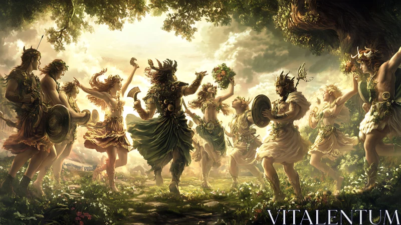 Mythic woodland gods dance under radiant golden canopy.