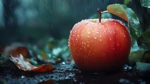 Photorealistic macro study of red apple in rainy forest floor.