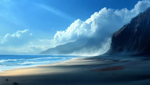 Sunlit mist along towering coastal cliffs at dawn.