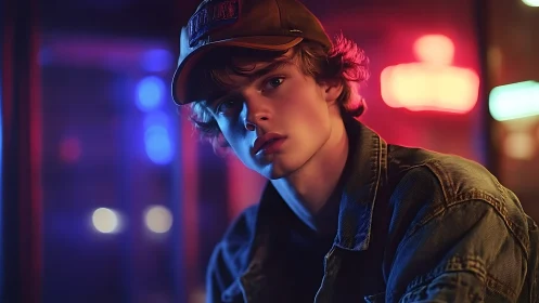 Pensive young man in neon barlight reflects in soft focus