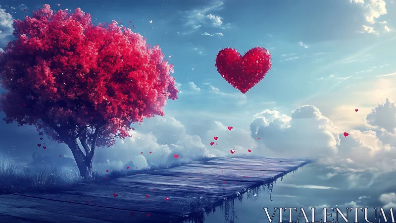 Magenta tree floating platform with red hearts scattered under clear blue sky