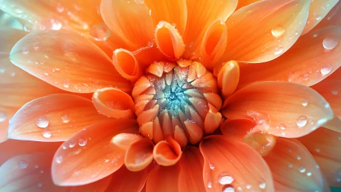 Orange dahlia flower with water droplets and blue center