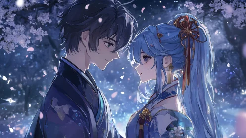 Starry night lovers share a soft gaze beneath cherry blossoms