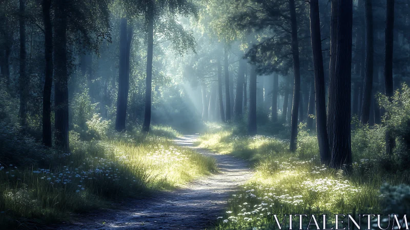 Sunlit Path Through Misty Forest Cathedral.