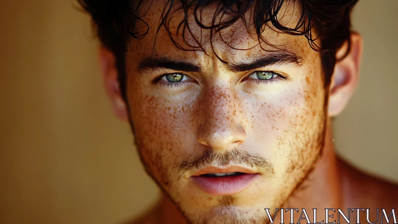 Freckled young man stares into camera under warm sunlight