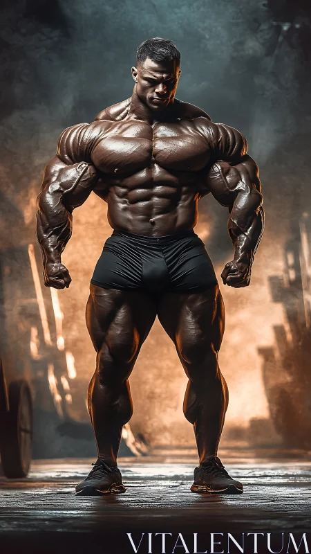 Steel-sculpted titan exhales firelight in the quiet gym haze