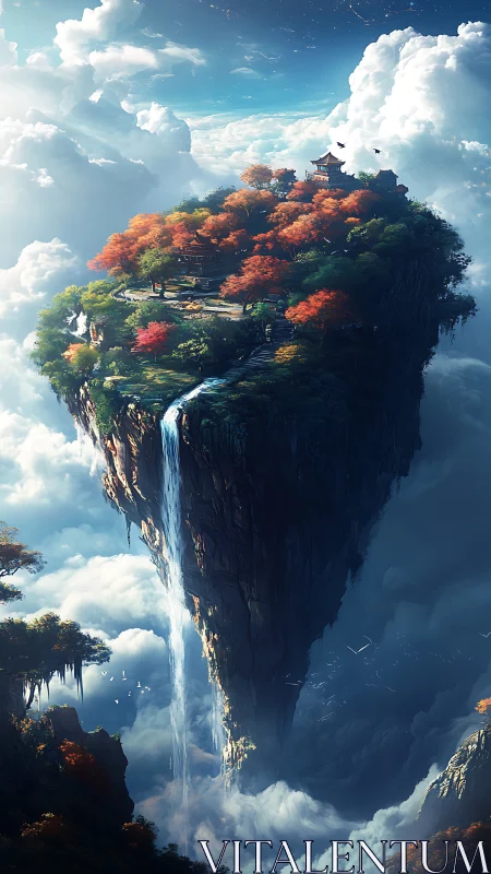Floating Island Temple Sanctuary with Cascading Waterfall.