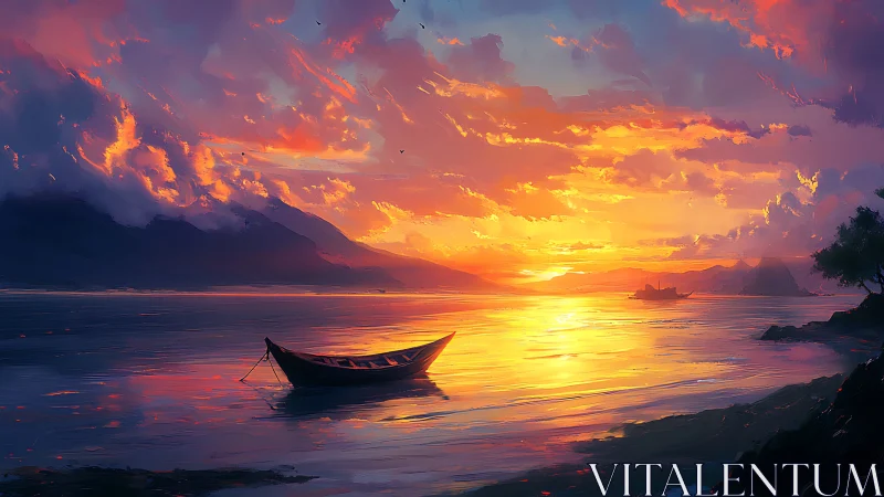 Lone boat beneath blazing sunset over tranquil bay.