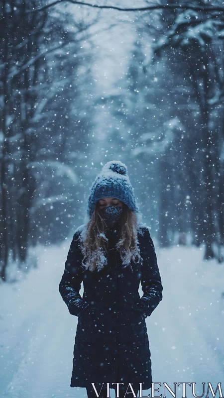 Winter portrait in falling snow with centered vertical symmetry.