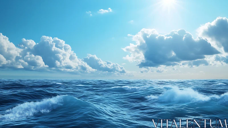 Open ocean surface under midday sun with cumulus clouds.