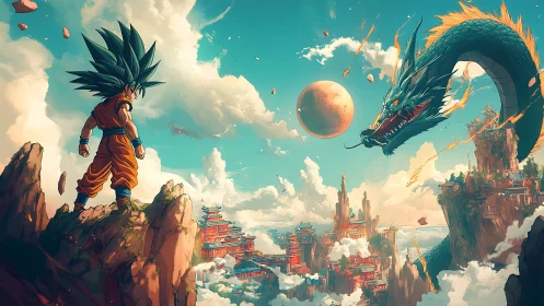 Aerial martial duel with celestial dragon over sky citadels.