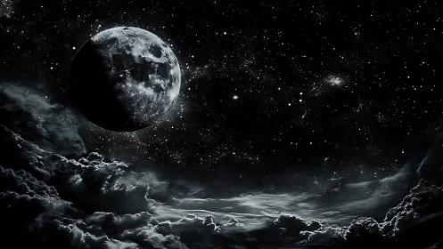 Dark lunar sky over dense night clouds in deep space.