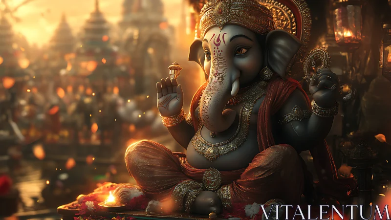 Golden-hour render of ornate Ganesha idol in ceremonial shrine