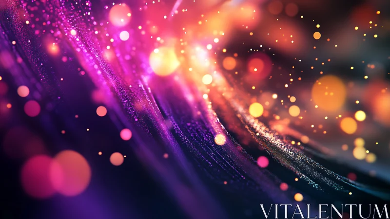 Neon light trails curve through cosmic bokeh dust field.