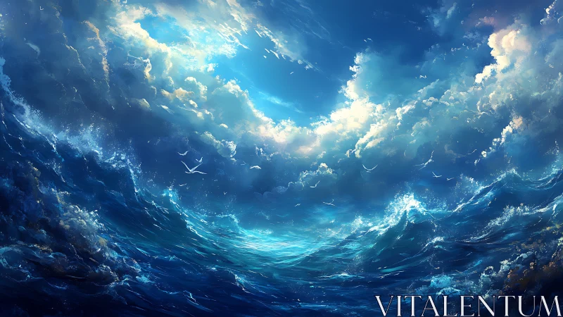 Storm-lit ocean blooms beneath a luminous sky portal.