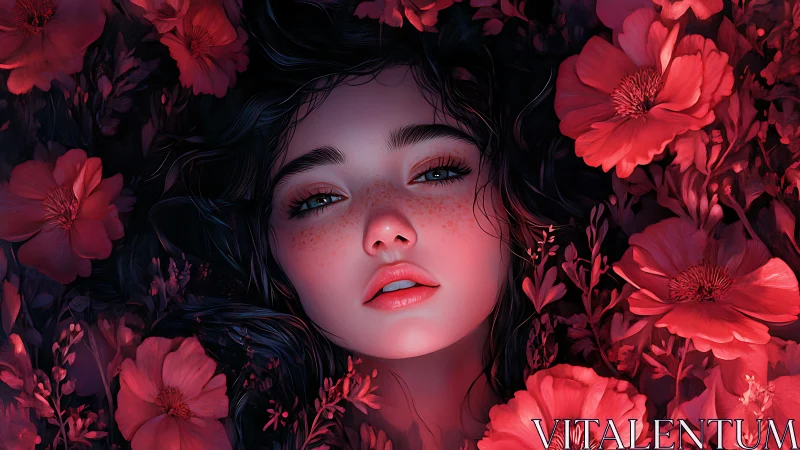 Crimson blossoms cradle a luminous freckled dreamer&rsquo;s face.
