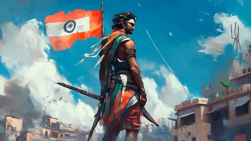 Post-apocalyptic rooftop warrior with stylized tricolor flag