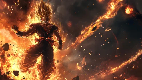 Superpowered warrior stands in flames and swirling firestorm.