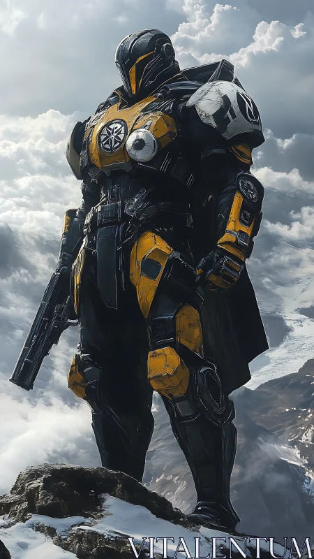 Armored sci fi soldier on rocky snowy ridge under clouds.