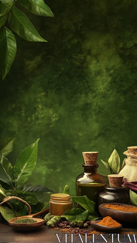 Herbal alchemy arranges spices and bottles in forest light