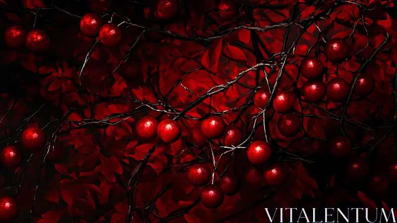 Crimson fruit branches glow against deep shadowed foliage.