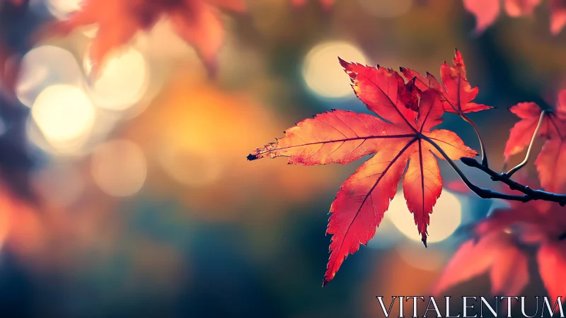 Glowing red maple leaf resting in a dreamy autumn light.