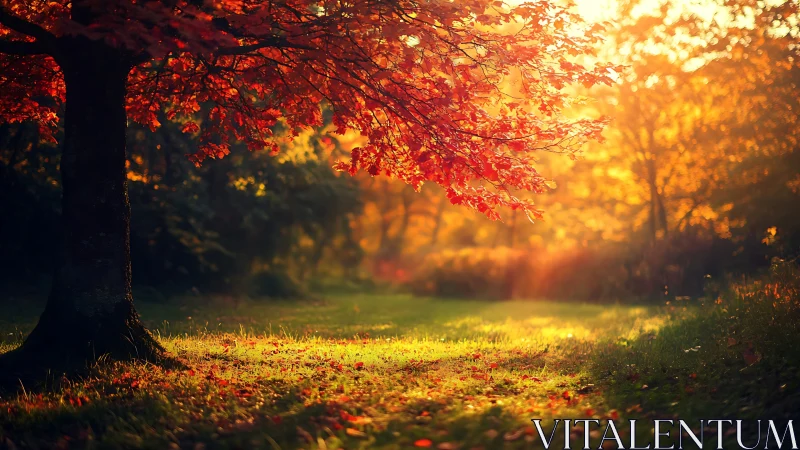 Autumn maple glows in golden forest light at sunset.