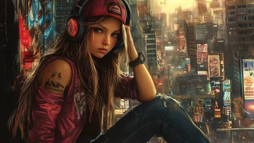 Headphoned street girl gazes over neon futuristic cityscape