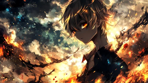 Ember-eyed wanderer crowned in stormlit cosmic fire.