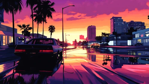 Neon-soaked coastal boulevard at sunset with reflective wet asphalt