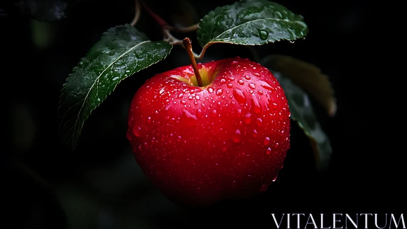 Red apple with water droplets against dark background.