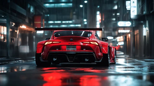 Rain kissed red sports car glows in neon drenched city street