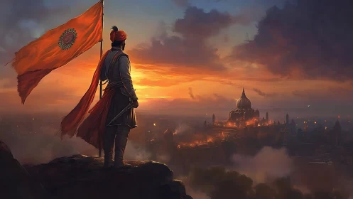 Warrior with saffron flag overlooking burning citadel at dusk.