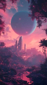 Dreamy alien valley under a glowing cosmic planet sky.