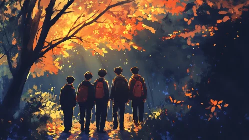 Golden forest path with friends wandering toward the light.