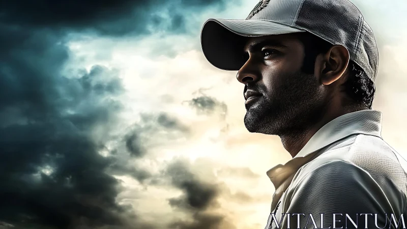 Cricket player profile is lit against dramatic cloudy sky