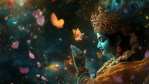 Divine blue deity prays amid glowing butterflies and petals