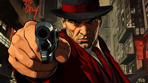 Noir gunman in red trench coat rendered with bold cel shading