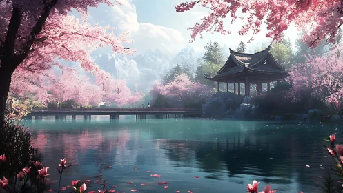 Parametric cherry blossom lake with elevated pavilion focus.