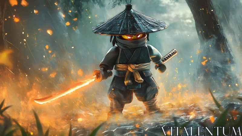 Lego fire ninja strides through stormlit forest inferno.