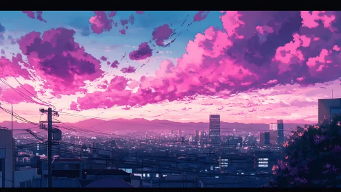 Urban skyline under magenta sunset cloud formations.