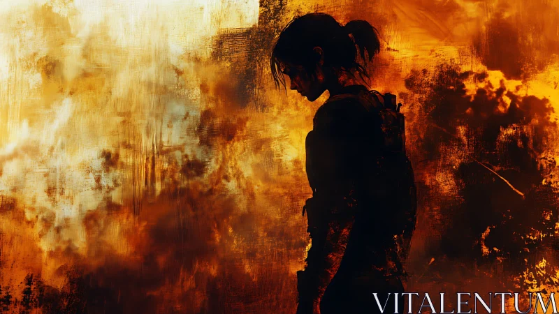 Silhouetted figure confronting intense inferno with dramatic backlighting.