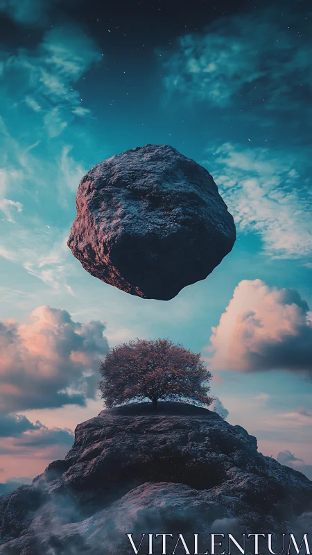 Floating stone and lone tree beneath a dreamy sky.