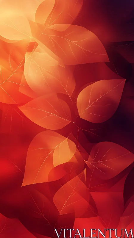 Translucent gradient leaves overlap in warm red-orange bokeh field